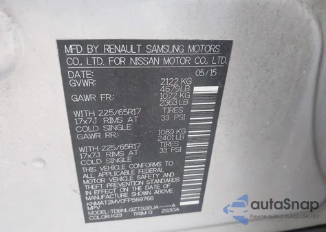 2015 Nissan Rogue Sv z USA, uszkodzony, nr VIN KNMAT2MV0FP569766